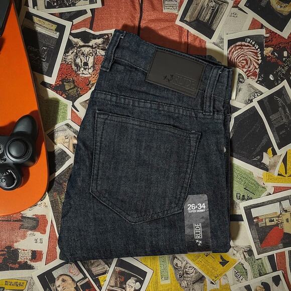 RUDE Hot Topic NWT Men's 26x34 Dark Indigo Blue Super Skinny Jeans Stretch - Picture 1 of 10